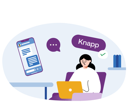 Illustration av person i stol med dator i knät med bilder av en pratbubbla, mobiltelefon och ruta med ordet knapp runt om.
