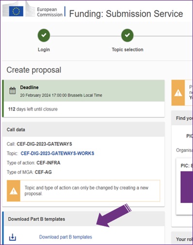 Skärmbild från EU-portalen som visar hur man på vänstersidan kan du ladda ner samtliga ansökningsdokument som en zip-fil under ”Download templates” (template B, time table etc.).