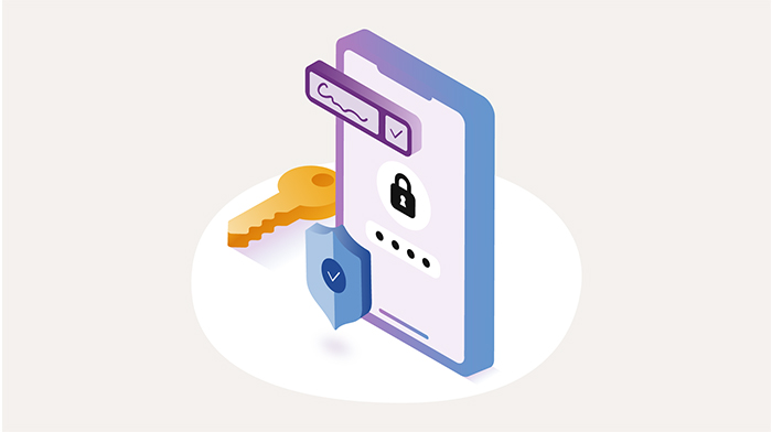 Illustration av en mobiltelefon och en inloggningsruta.