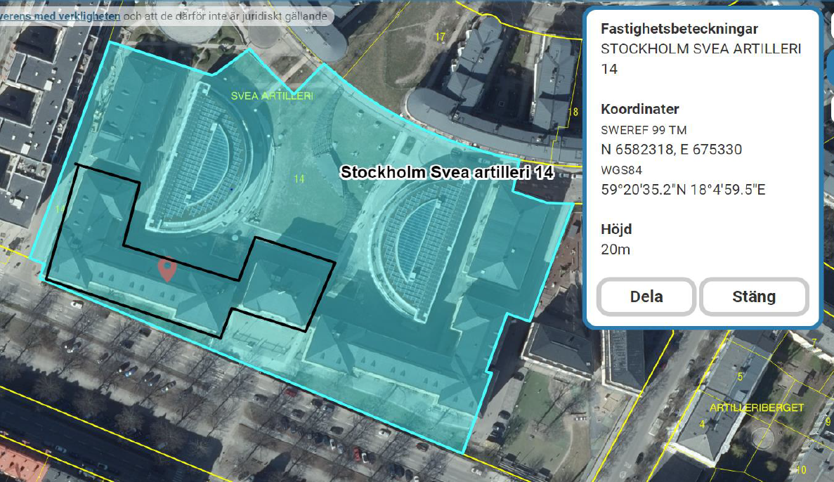 Karta över fastigheten Stockholm Svea artilleri 14, med koordinaterna för centrumpunkten för den sökta ytan angivna.