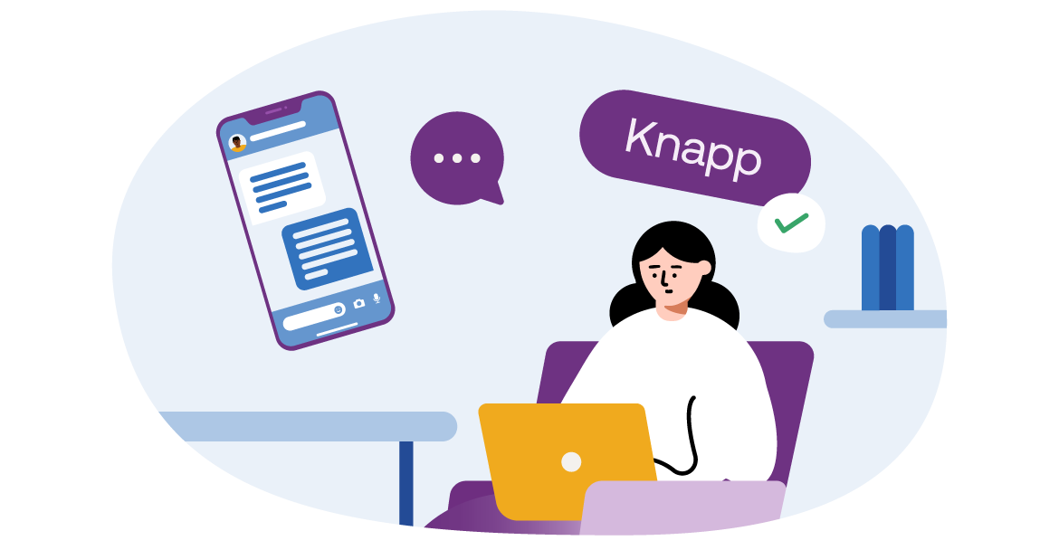 Illustration av person som sitter i stol med dator i knät. I bakgrunden finns illustrationer av en mobiltelefon, en pratbubbla och en ruta med texten "knapp".