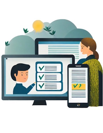 Illustration av en mobilskärm, en datorskärm som visar en person och klickrutor. I bakgrunden sitter en person framför en datorskärm.