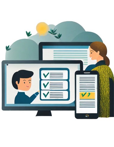 Illustration av en mobilskärm, en datorskärm som visar en person och klickrutor. I bakgrunden sitter en person framför en datorskärm.