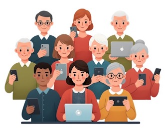 Illustration av tio personer som alla hanterar antingen en dator, mobiltelefon eller läsplatta.